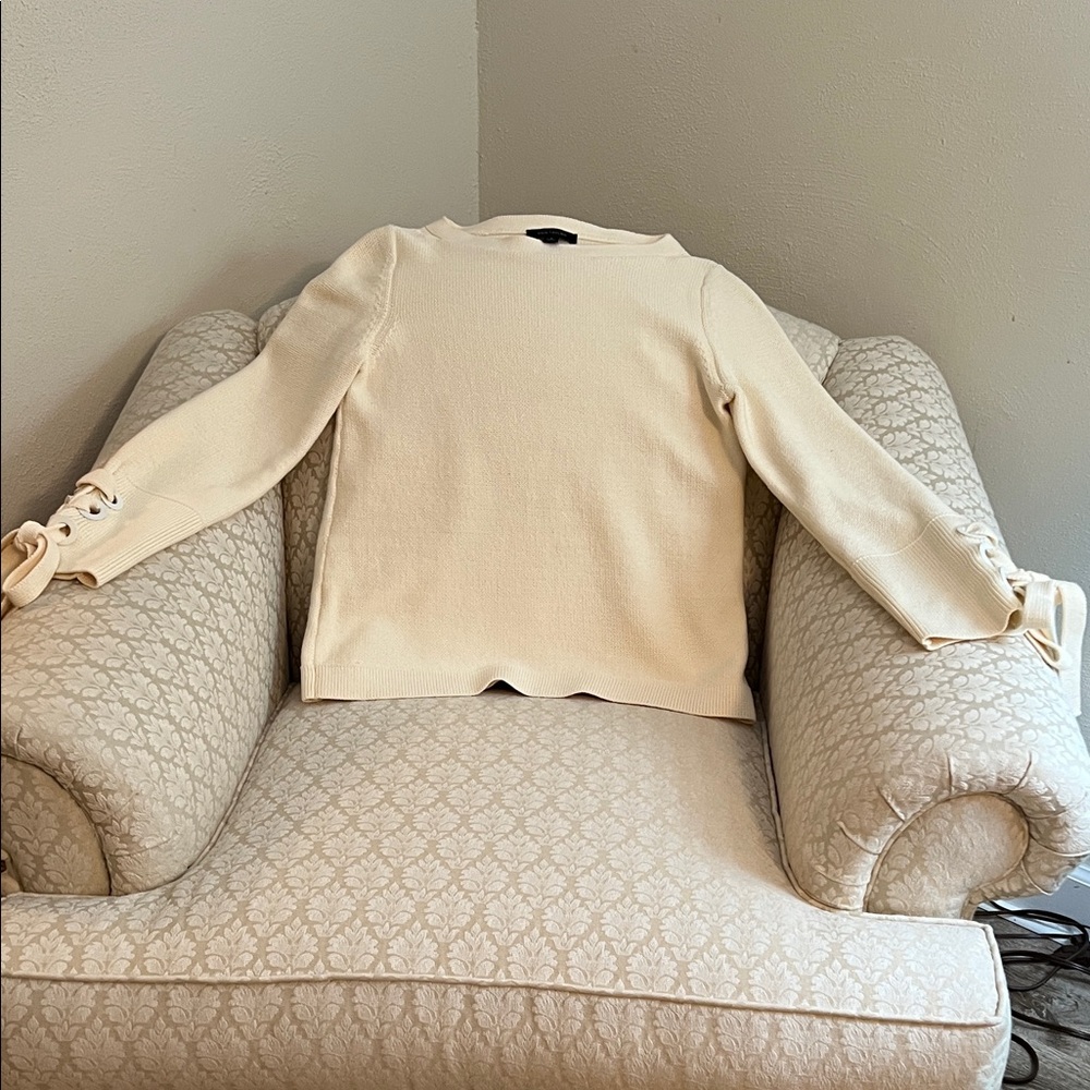 Ann Taylor Cream Crewneck Sweater with Tie Cuffs